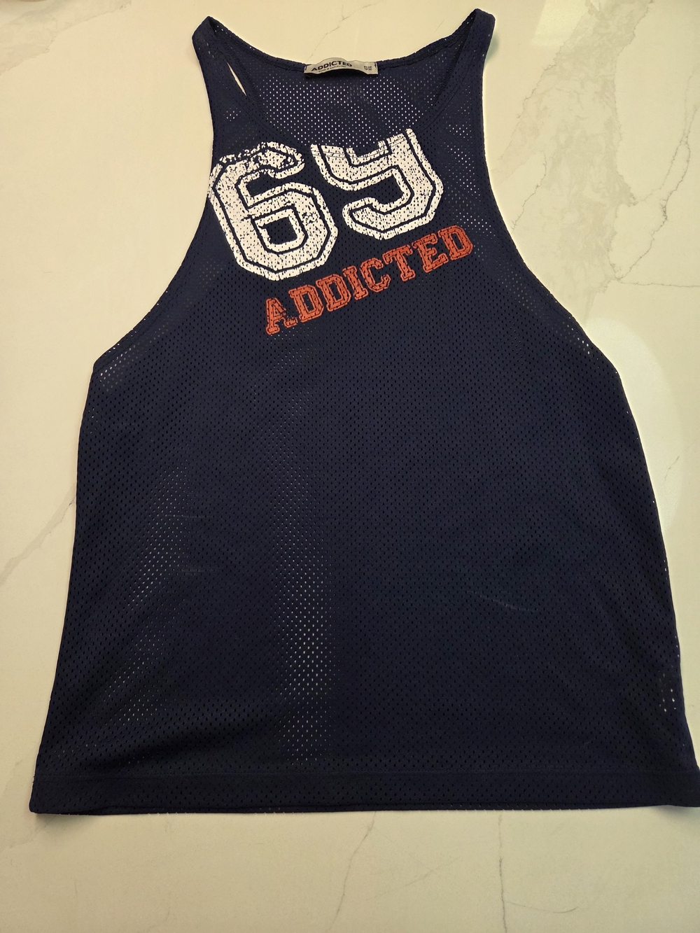 Addicted Brands Navy Blue Mesh Tank with White 69 and Orange Logo
